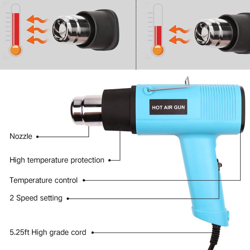 LDK Heat Gun 1200W 140℉~932℉ (60℃-500℃) Heavy Duty Hot Air Gun Kit Variable Temperature Control with 2 Temperature Settings 2 Nozzles for Crafts, Shrink Wrapping, Candle Making, Epoxy Resin - Image 3